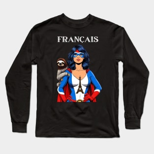 Francais: Female 70's Comic Book Hero with Sloth Long Sleeve T-Shirt